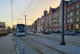 Aarhus light rail line L1 with low-floor articulated tram 2109-2209 on Kystvejen, seen to the south (2020)