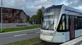 Aarhus light rail line L2 with low-floor articulated tram 1113-1213 on Nehrus Allé (2023)