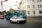 Cottbus tram line 1 with articulated tram 7 on Breitscheidplatz (1993)