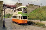 Postcard: Crich museum line with bilevel rail car 1282 near Bowes-Lyon Bridge (1980)
