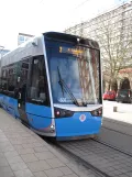 Rostock extra line 2 with low-floor articulated tram 601 at Lange Straße front view (2015)