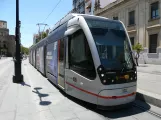 Seville tram line T1 with low-floor articulated tram 302 at Archivo de Indias (2014)
