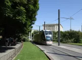 Seville tram line T1 with low-floor articulated tram 303 on Puerta de Jerez (2017)