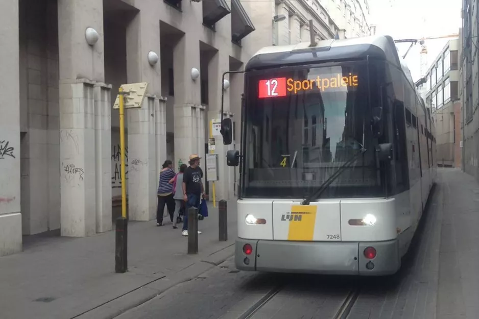 Antwerp tram line 12 with low-floor articulated tram 7248 on Korte Nieuwstraat (2017)
