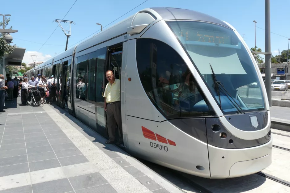 Jerusalem light rail line L1 with low-floor articulated tram 026 at Damascus Gate (2012)