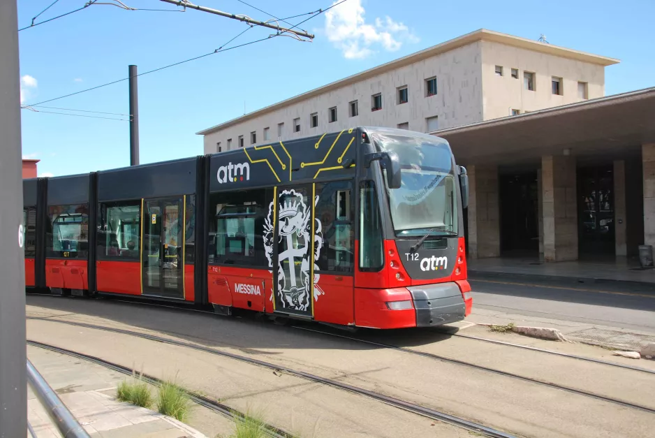 Messina tram line 28 with low-floor articulated tram 12T on Repubblica Piazza della Repubblica (2022)