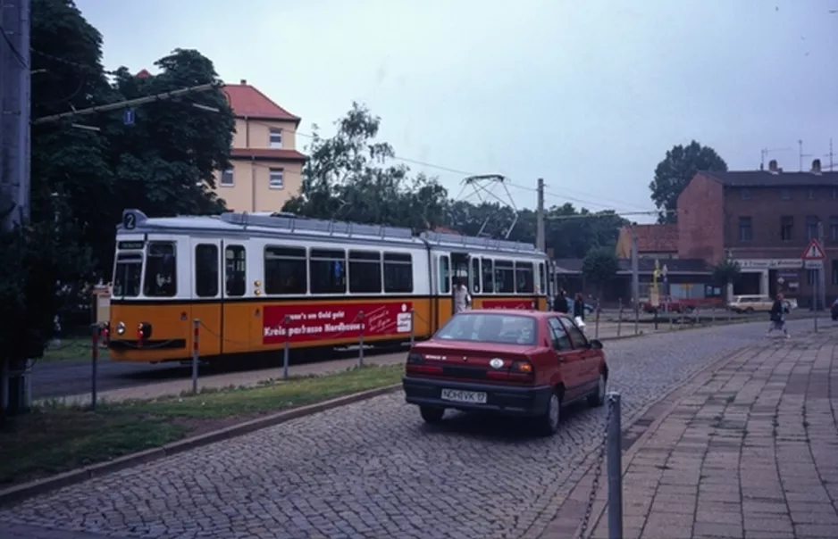 Nordhausen tram line 2 with articulated tram 92 on Grimmelallee (2000)