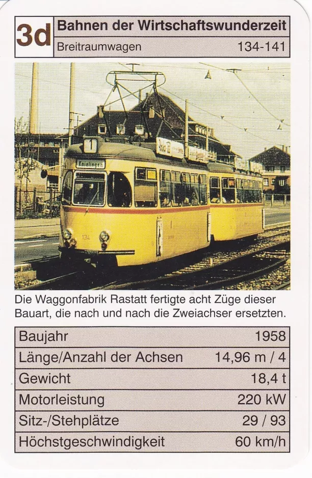 Playing card: Karlsruhe tram line 1 with railcar 134 Bahnen der Wirtschaftswunderzeit Breitraunwagen 134 (2002)