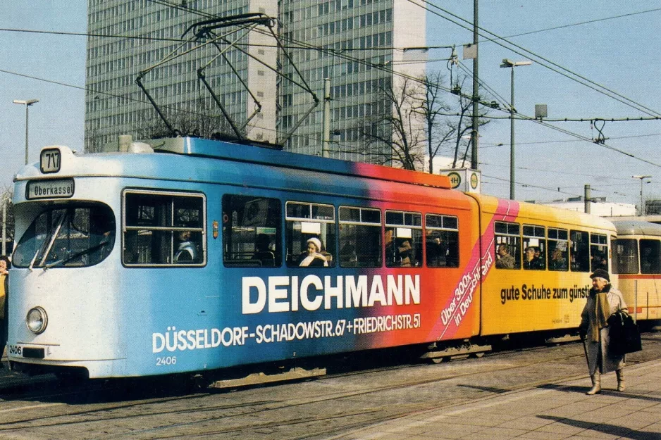 Postcard: Düsseldorf tram line 717 with articulated tram 2406 on Jan-Wellem-Platz (1986)