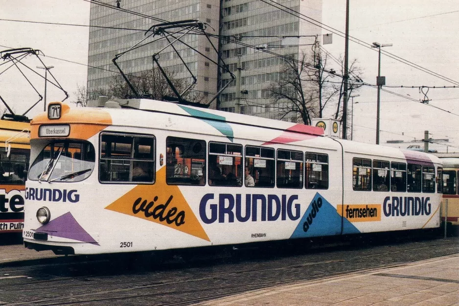 Postcard: Düsseldorf tram line 717 with articulated tram 2501 at Jan-Wellem-Platz (1986)