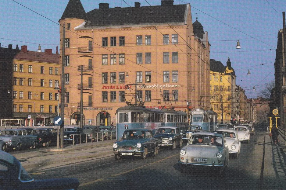 Postcard: Stockholm tram line 1 in the intersection Åsötorget/Skånegatan (1964)