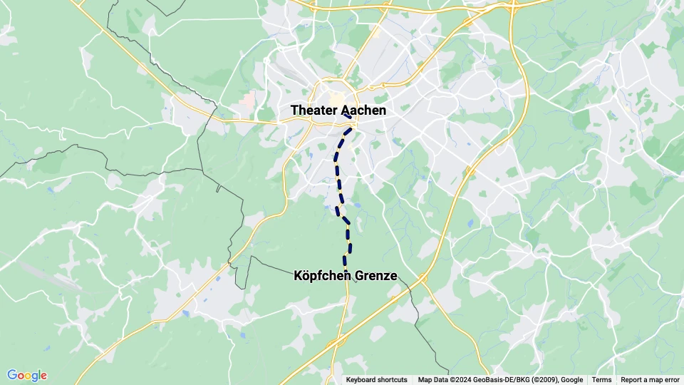 Aachen tram line 14: Köpfchen Grenze - Theater Aachen route map