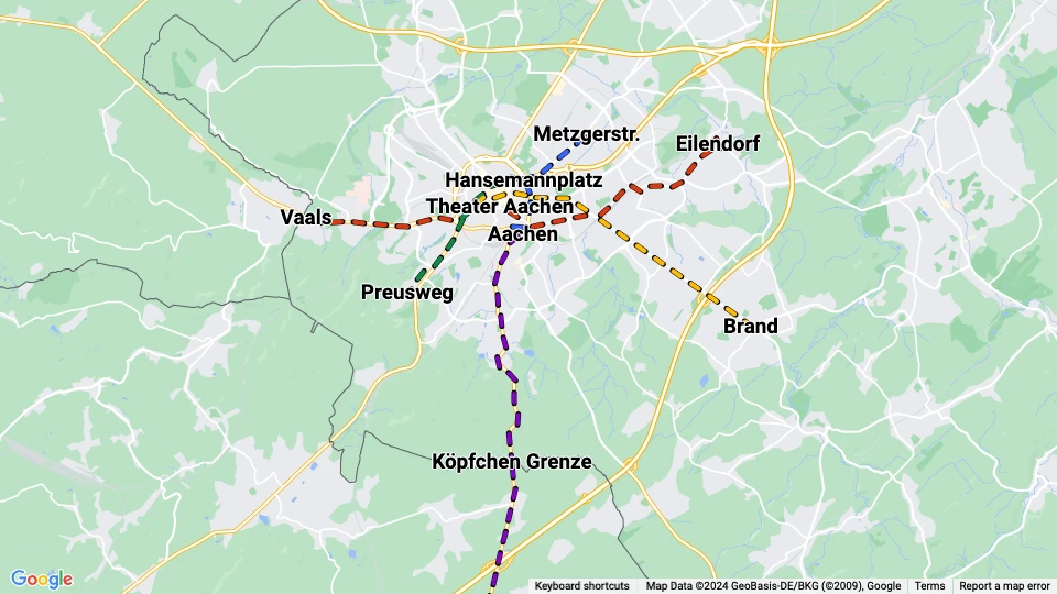 Aachener Straßenbahn und Energieversorgung (ASEAG) route map