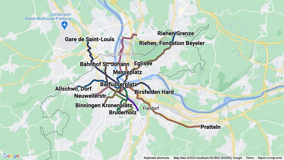 Basler Verkehrs-Betriebe (BVB) route map