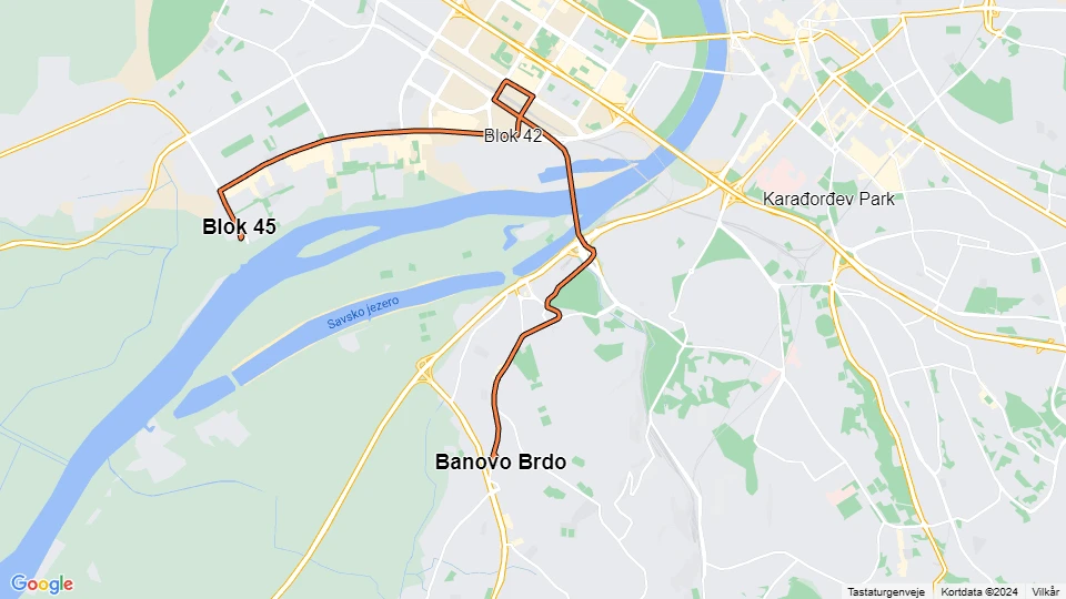 Belgrade tram line 13: Blok 45 - Banovo Brdo route map