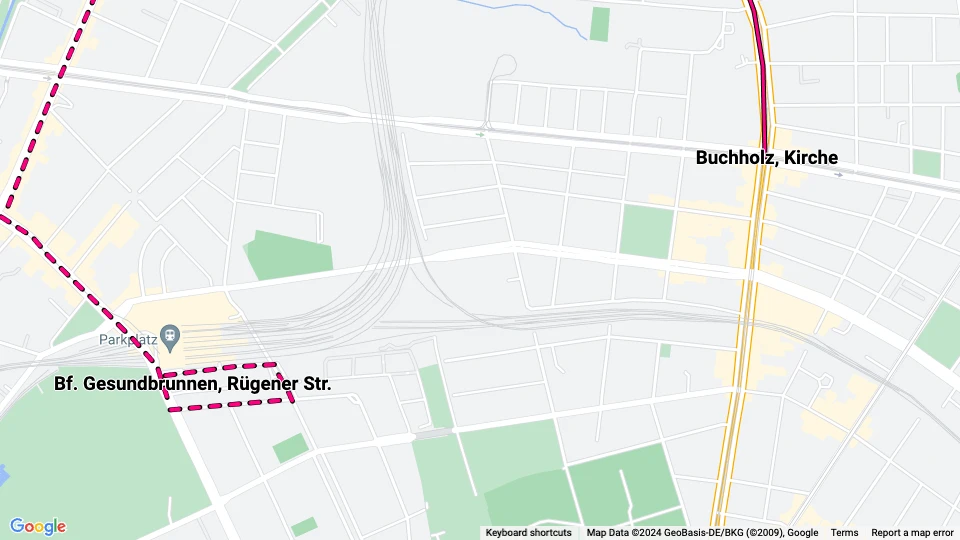 Berlin tram line 24: Buchholz, Kirche - Bf. Gesundbrunnen, Rügener Str. route map