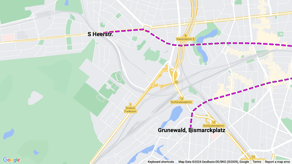 Berlin tram line 58: S Heerstr. - Grunewald, Bismarckplatz route map