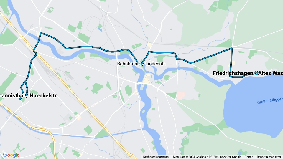 Berlin tram line 60: Johannisthal / Haeckelstr. - Friedrichshagen / Altes Wasserwerk route map