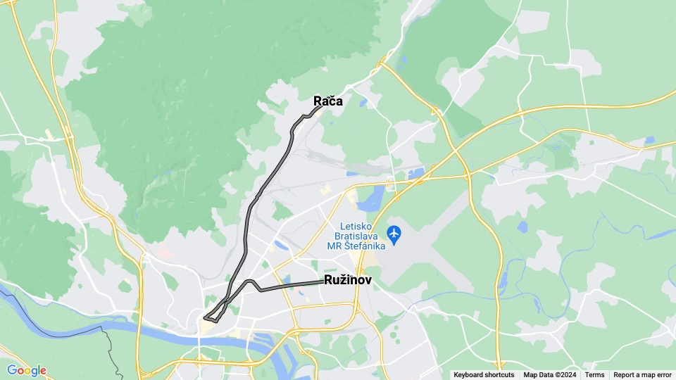 Bratislava tram line 16: Ružinov - Rača route map