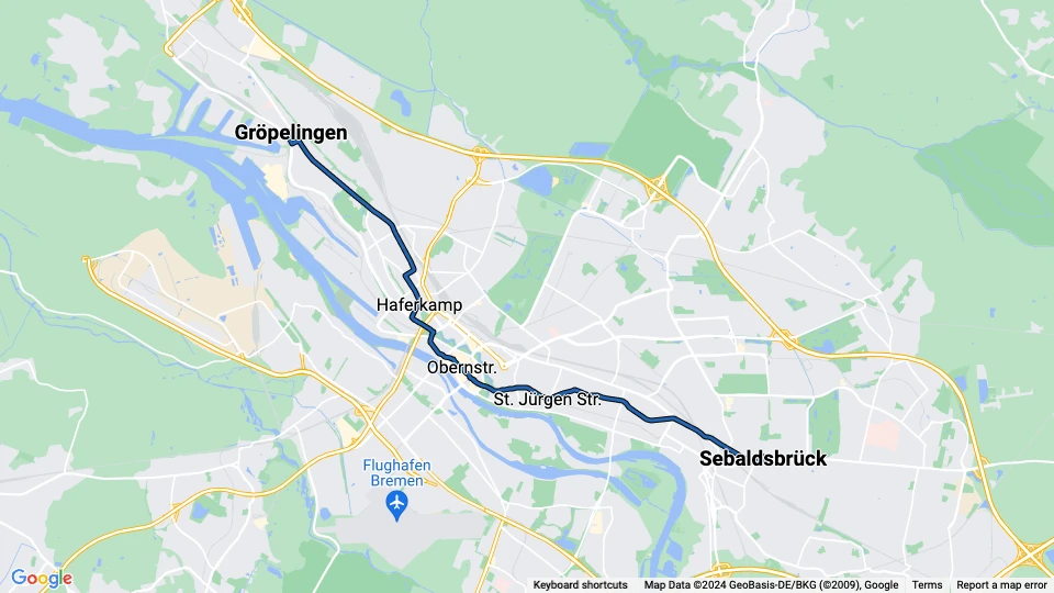 Bremen tram line 2: Sebaldsbrück - Gröpelingen route map
