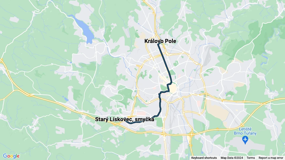 Brno tram line 6: Královo Pole - Starý Lískovec, smyčka route map