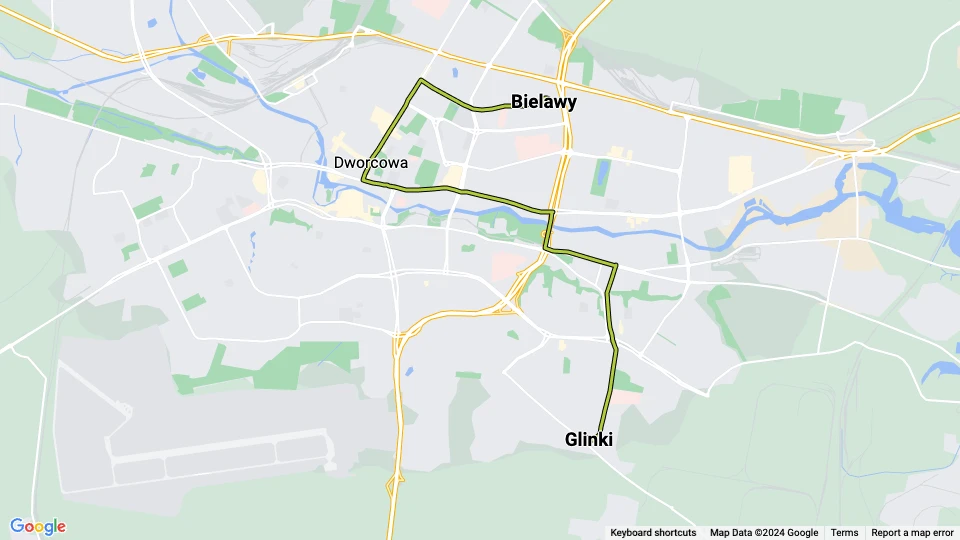 Bydgoszcz tram line 4: Bielawy - Glinki route map
