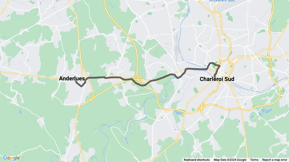Charleroi tram line 82: Anderlues - Charleroi Sud route map