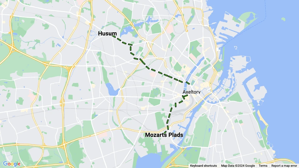 Copenhagen tram line 11: Mozarts Plads - Husum route map