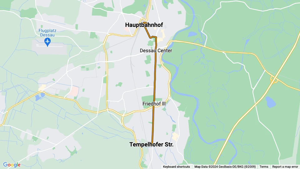 Dessau tram line 1: Hauptbahnhof - Tempelhofer Str. route map