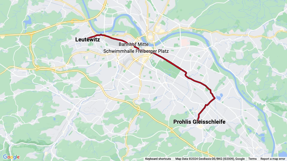 Dresden tram line 1: Leutewitz - Prohlis Gleisschleife route map