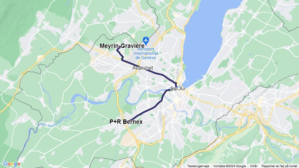 Geneva tram line 14: P+R Bernex - Meyrin-Gravière route map