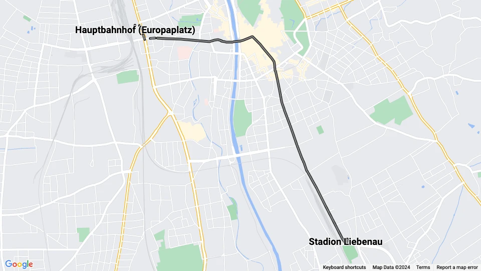 Graz extra line 14: Hauptbahnhof (Europaplatz) - Stadion Liebenau route map