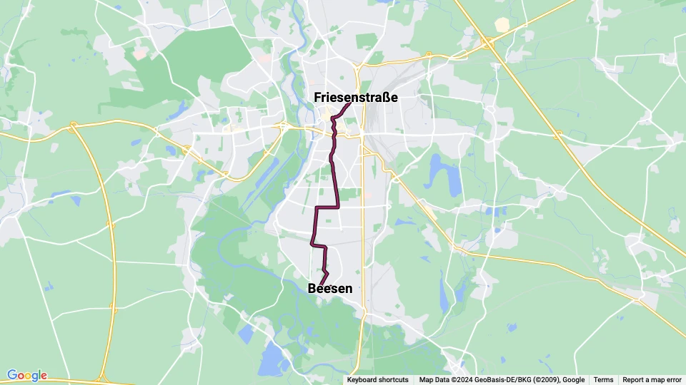 Halle (Saale) extra line 16: Friesenstraße - Beesen route map