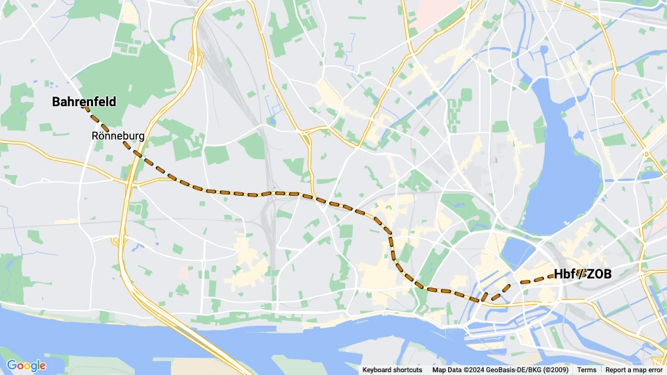 Hamburg tram line 11: Bahrenfeld - Hbf / ZOB route map