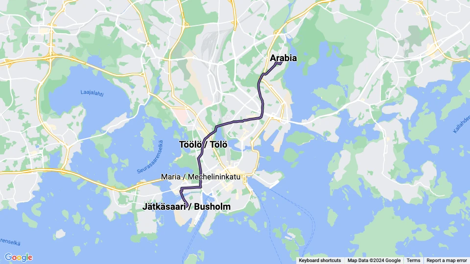 Helsinki tram line 8: Arabia - Jätkäsaari / Busholm route map