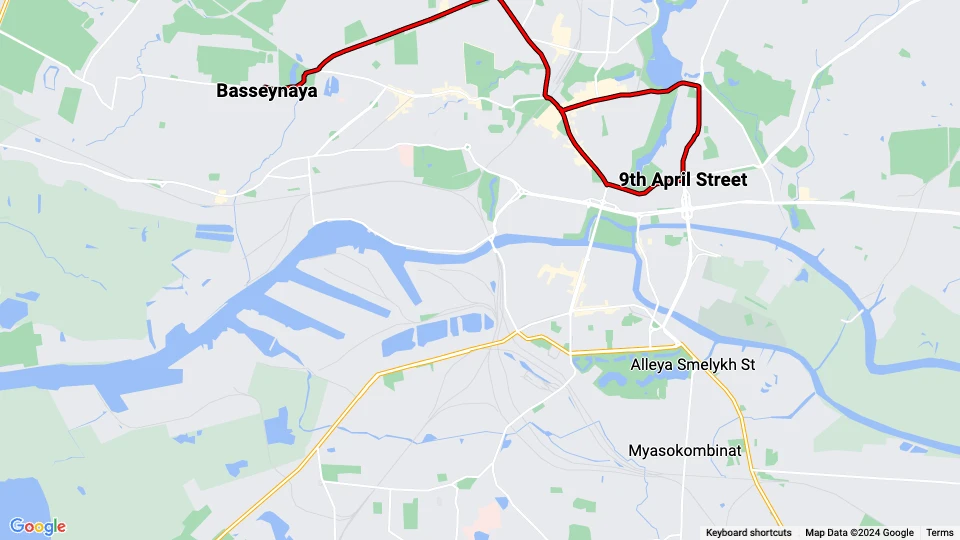 Kaliningrad tram line 5: Basseynaya - 9th April Street route map