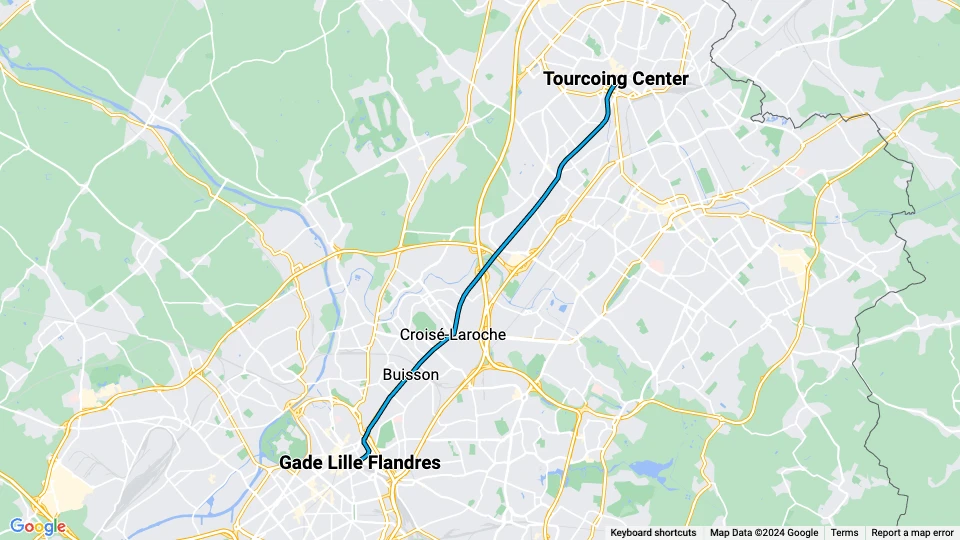Lille tram line T: Gade Lille Flandres - Tourcoing Center route map