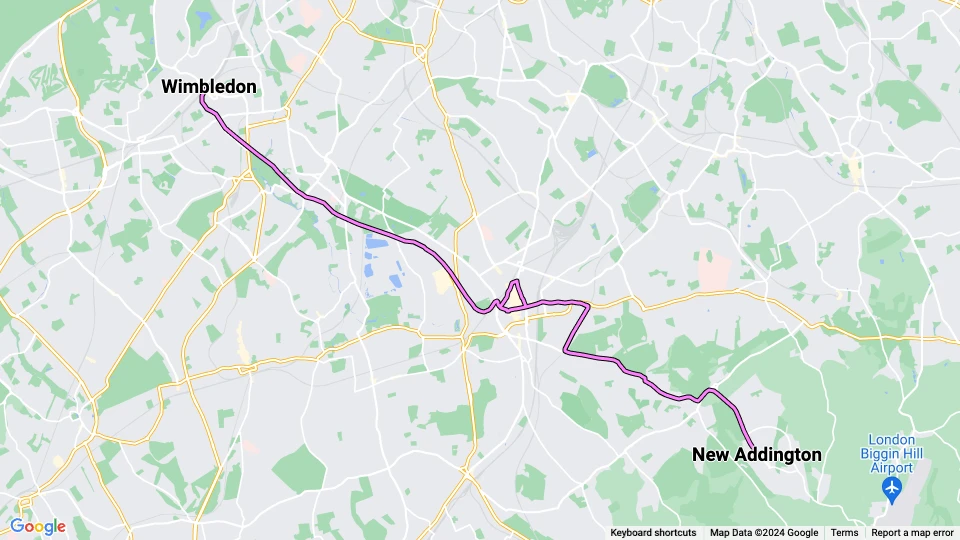 London tram line 3: Wimbledon - New Addington route map