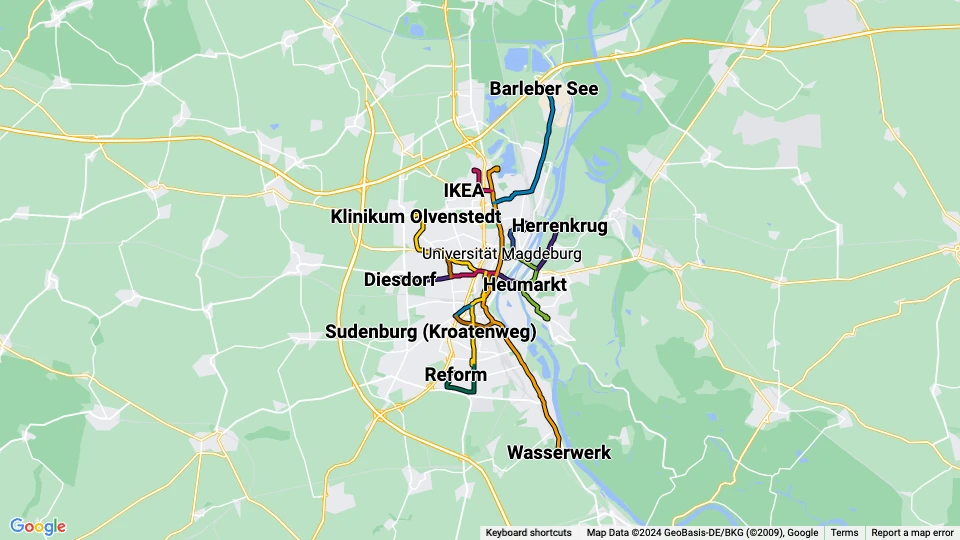 Magdeburger Verkehrsbetriebe (MVB) route map