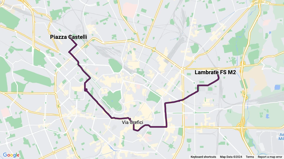 Milan tram line 19: Lambrate FS M2 - Piazza Castelli route map