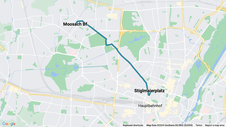 Munich tram line 20: Moosach Bf. - Stiglmaierplatz route map