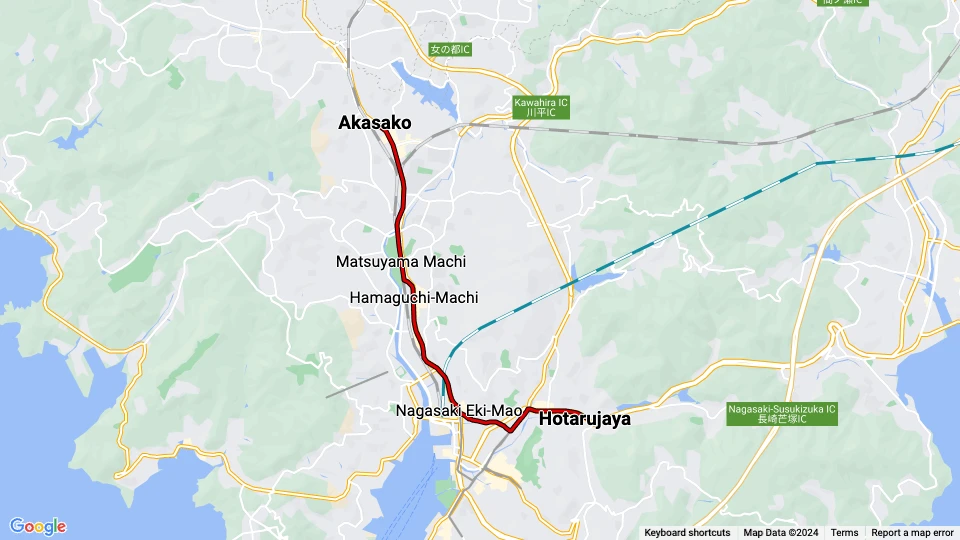 Nagasaki tram line 3: Akasako - Hotarujaya route map