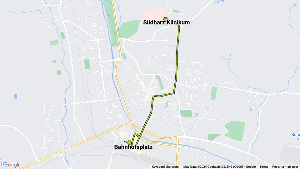 Nordhausen tram line 1: Südharz Klinikum - Bahnhofsplatz route map