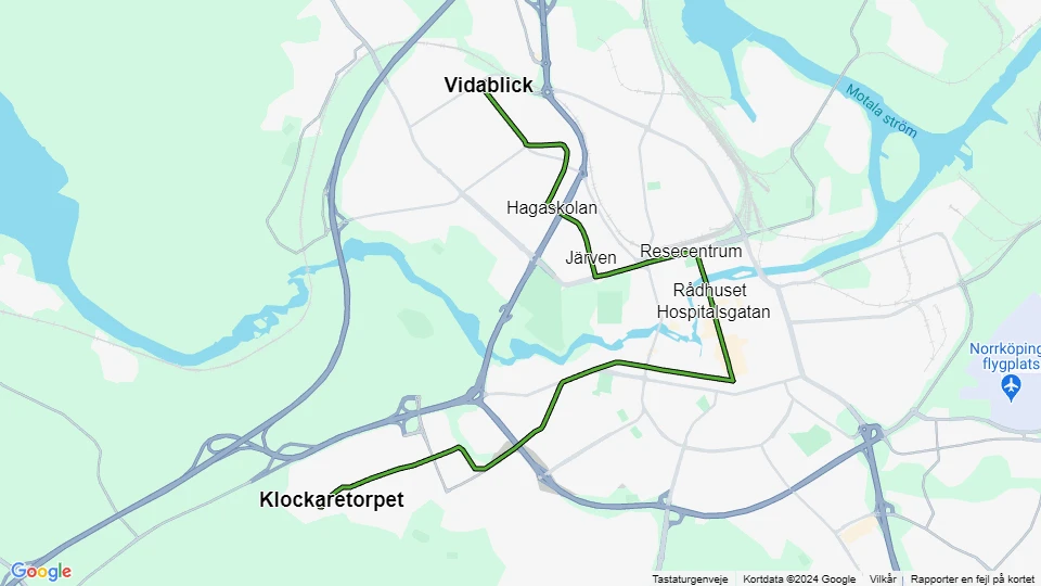 Norrköping tram line 3: Vidablick - Klockaretorpet route map