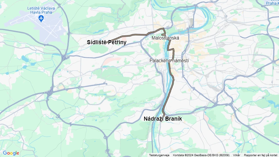 Prague tram line 2: Sídliště Petřiny - Nádraží Braník route map
