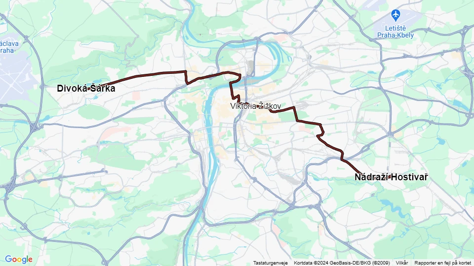 Prague tram line 26: Divoká Šárka - Nádraží Hostivař route map