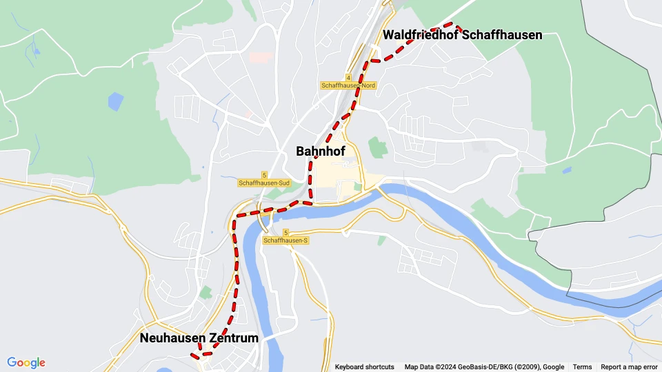 Schaffhausen tram line 1: Neuhausen Zentrum - Waldfriedhof Schaffhausen route map