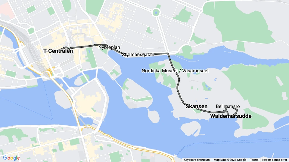 Stockholm tram line 7S Spårväg City: T-Centralen - Waldemarsudde route map