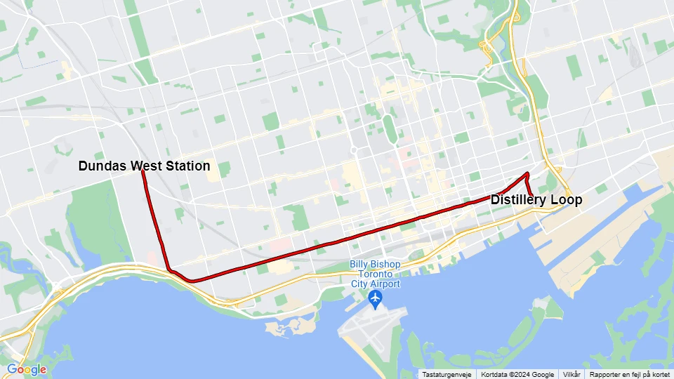 Toronto extra line 504A King: Dundas West Station - Distillery Loop route map