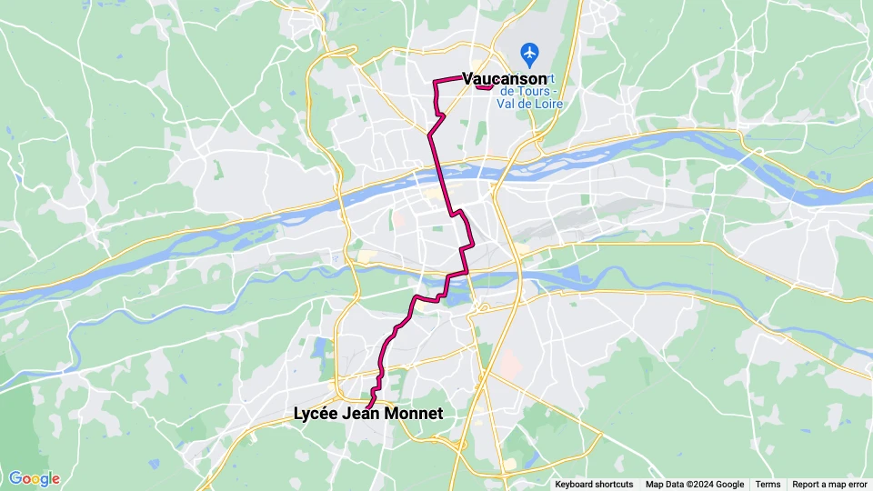 Tours tram line A: Vaucanson - Lycée Jean Monnet route map